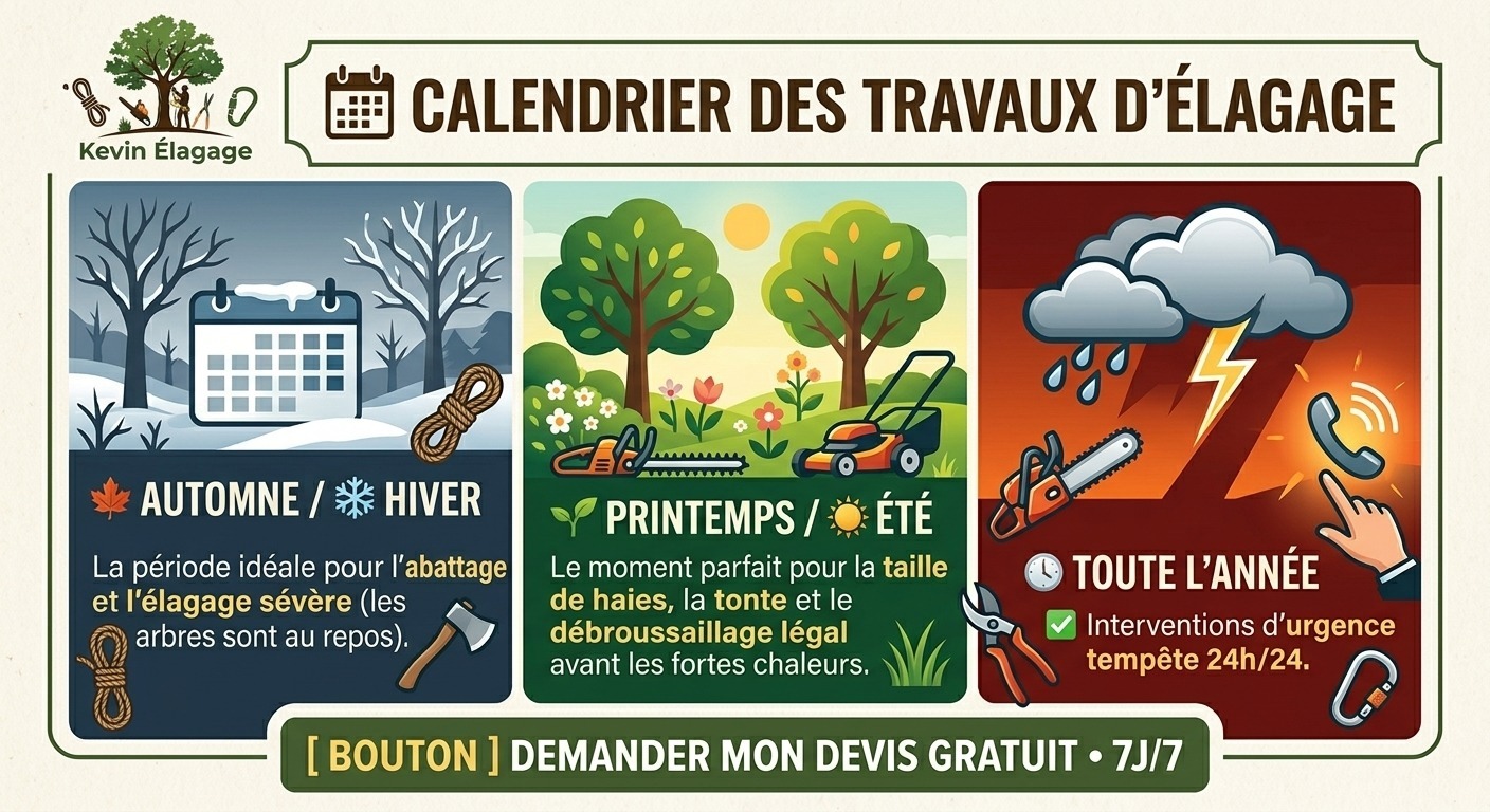 Infographie calendrier des travaux d'élagage et jardinage de Kevin Élagage 64 à Lescar/Pau : automne/hiver pour abattage, printemps/été pour taille de haies et tonte, urgence tempête 24h/24 toute l'année.