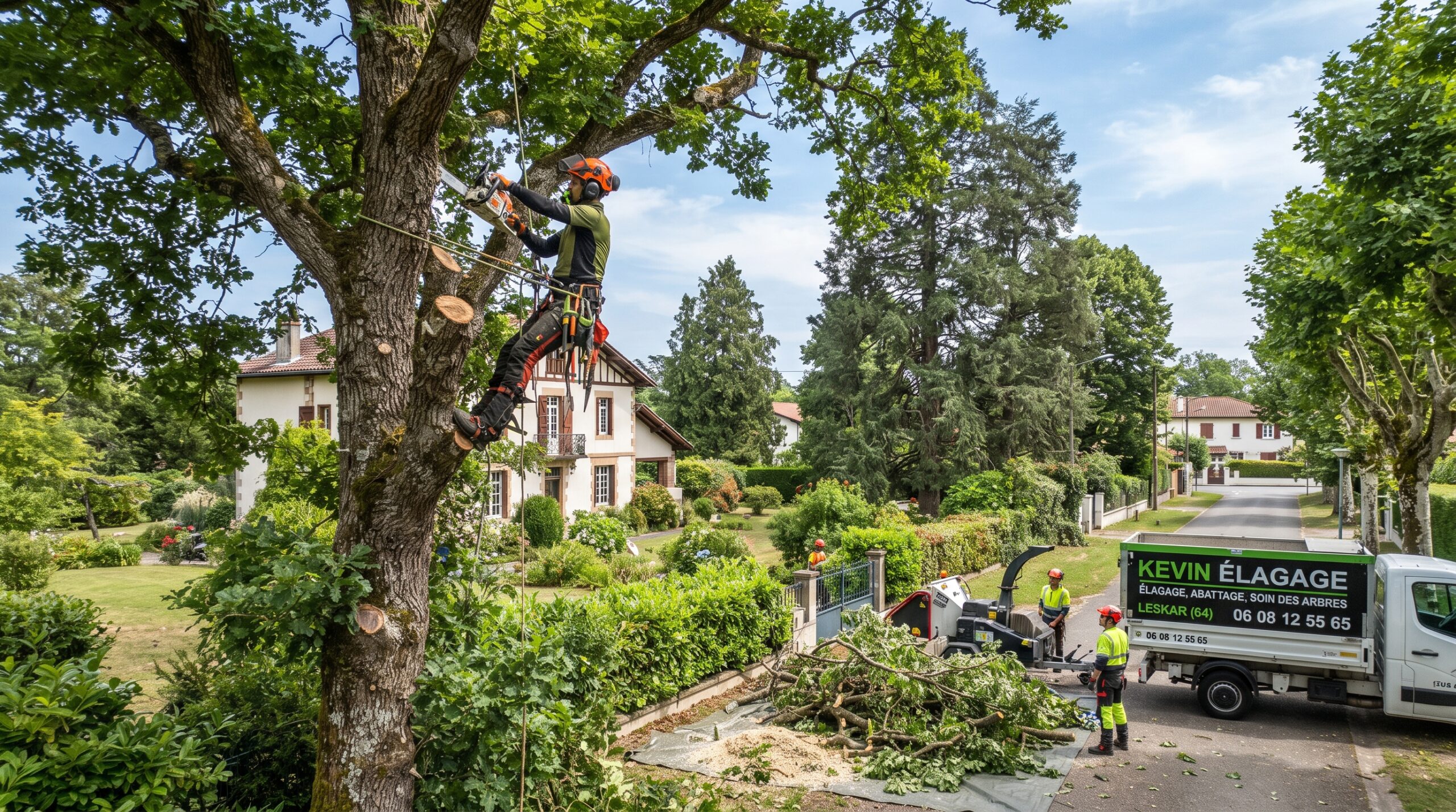 Élagage d'Arbres à Lescar (64) Élagueur de Kevin Élagage en action, sécurisé dans un arbre pour une taille, avec camion et broyeur à Lescar (Pyrénées-Atlantiques).