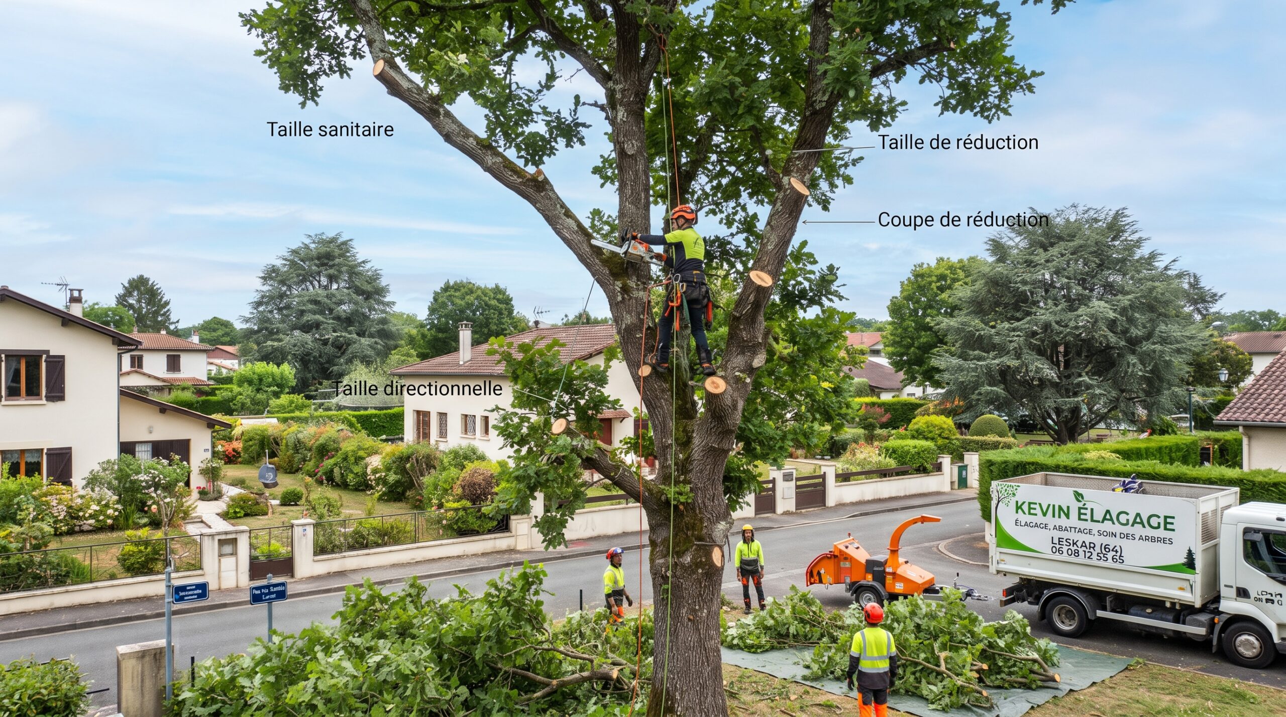 Élagueur de Kevin Élagage en train de réaliser une taille d'entretien et de réduction sur un arbre à Lescar (Pyrénées-Atlantiques).